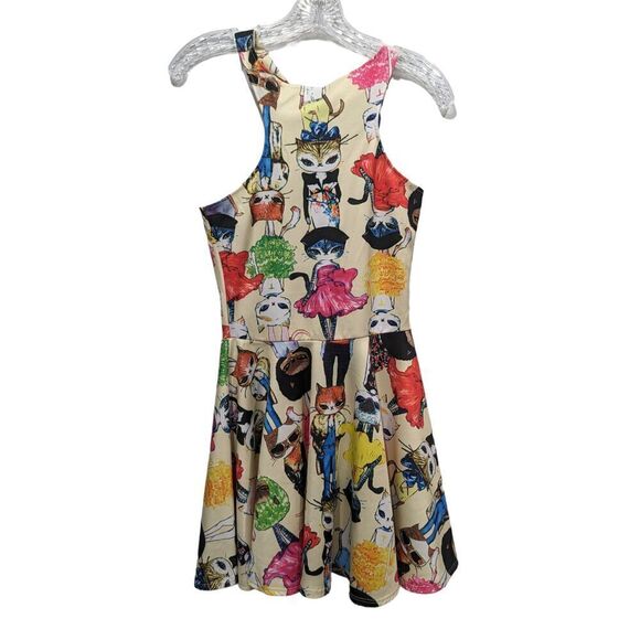 Yuana's Asymmetrical Sleeveless Funky Cat Print Skater Dress - Picture 4 of 7